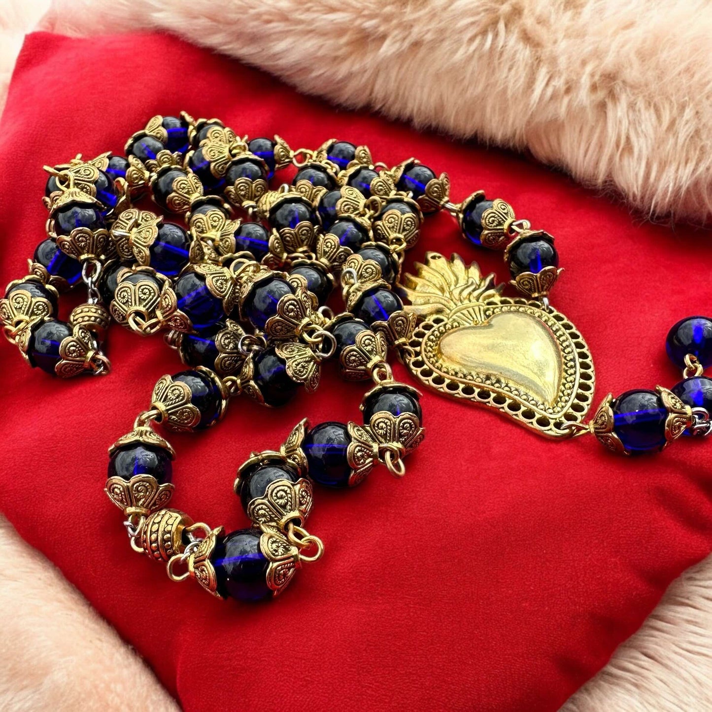 Handmade Blue Glass and Gold Rosary