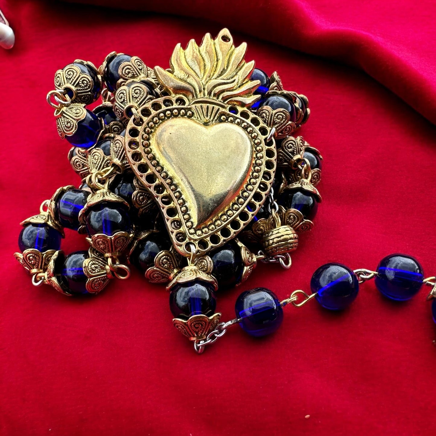 Handmade Blue Glass and Gold Rosary