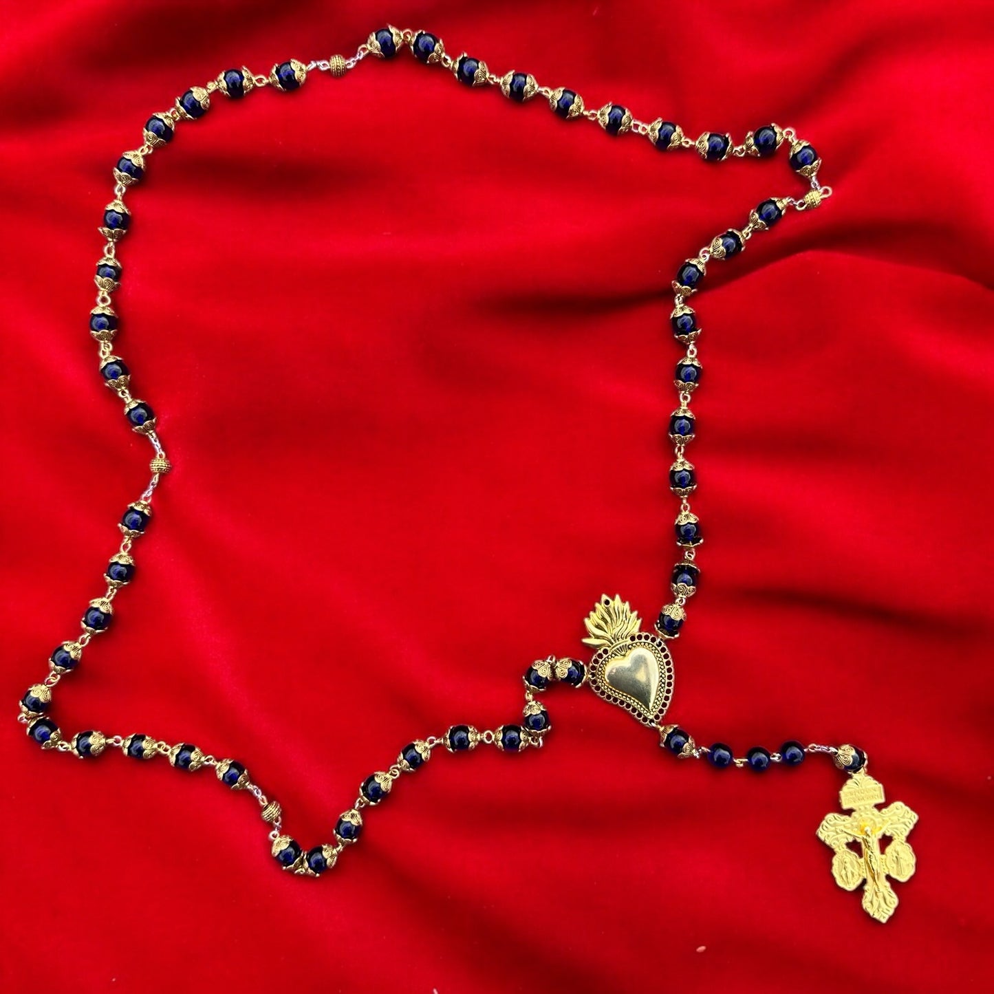 Handmade Blue Glass and Gold Rosary