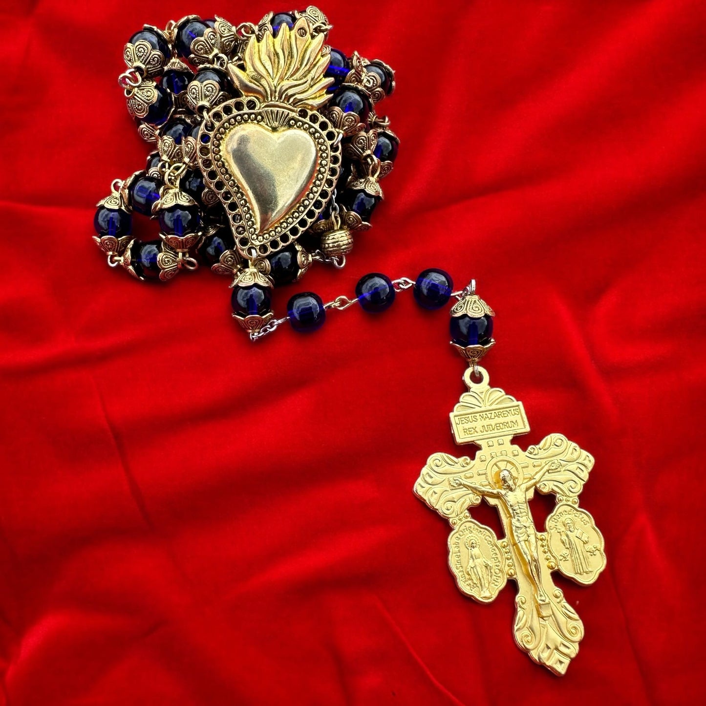 Handmade Blue Glass and Gold Rosary