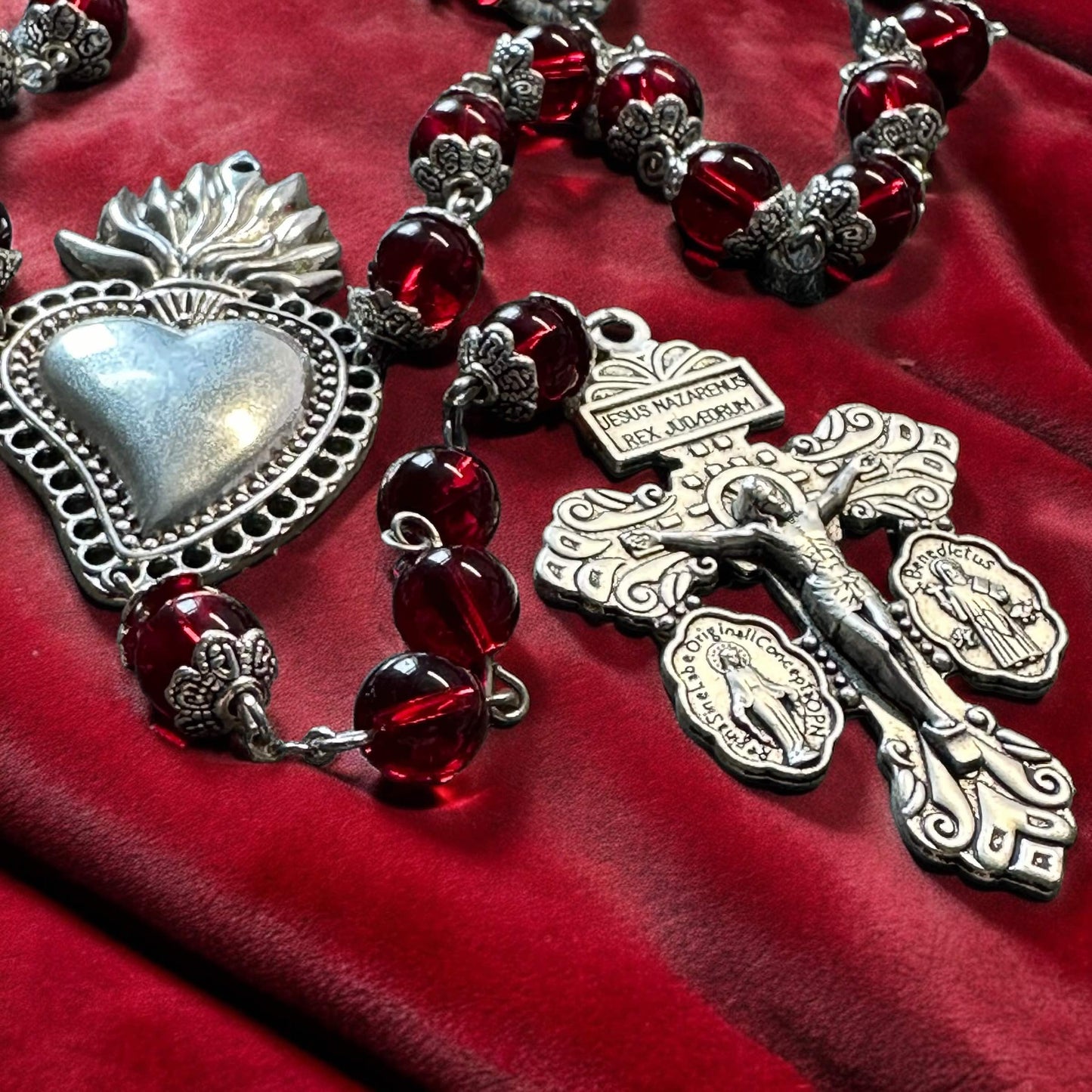 Handmade Red Glass and Silver Rosary