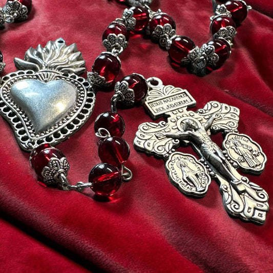 Handmade Red Glass and Silver Rosary
