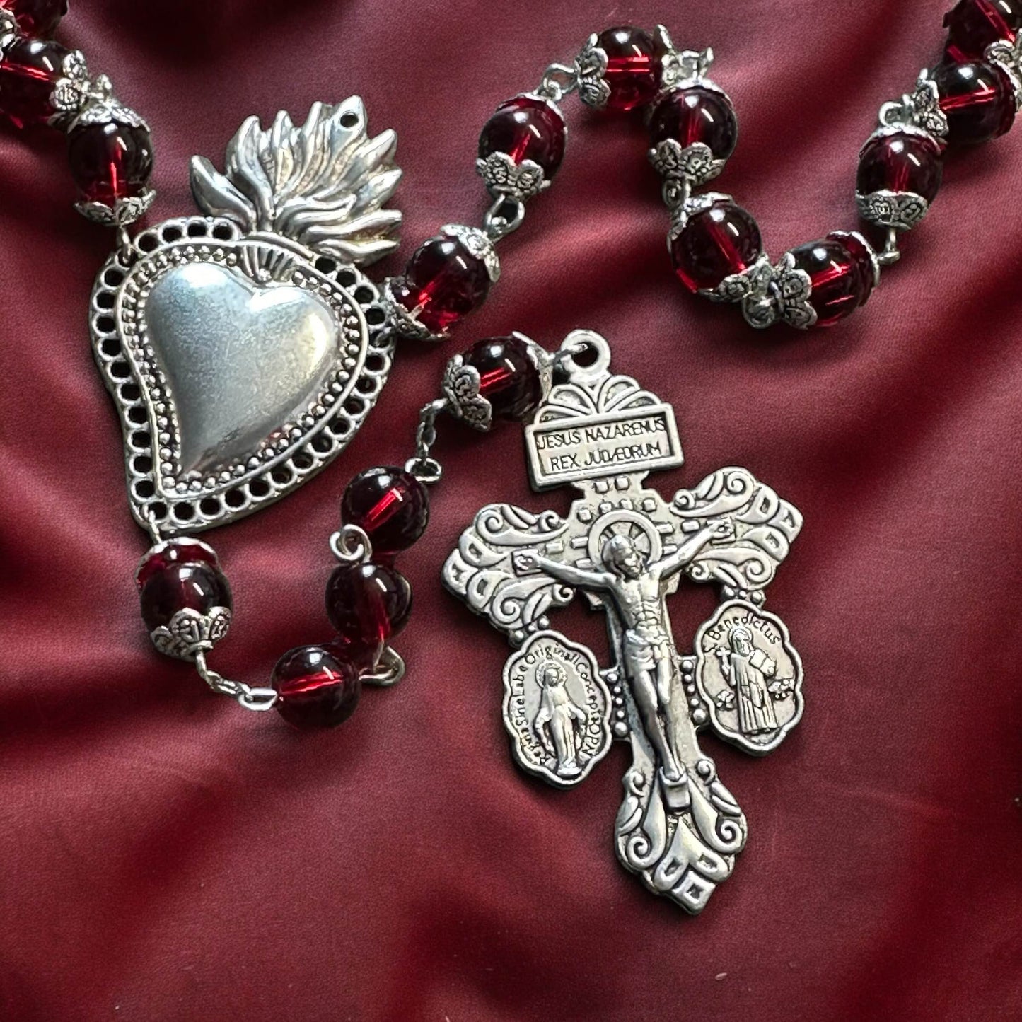 Handmade Red Glass and Silver Rosary